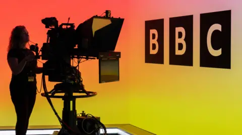 A camera operator in a studio showing the BBC logo