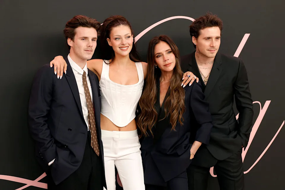 Cruz Beckham, from left, Nicola Peltz Beckham, Victoria Beckham and Brooklyn Peltz Beckham attend the premiere of "Lola" at Regency Bruin Theatre in Los Angeles on Feb. 3, 2024.
