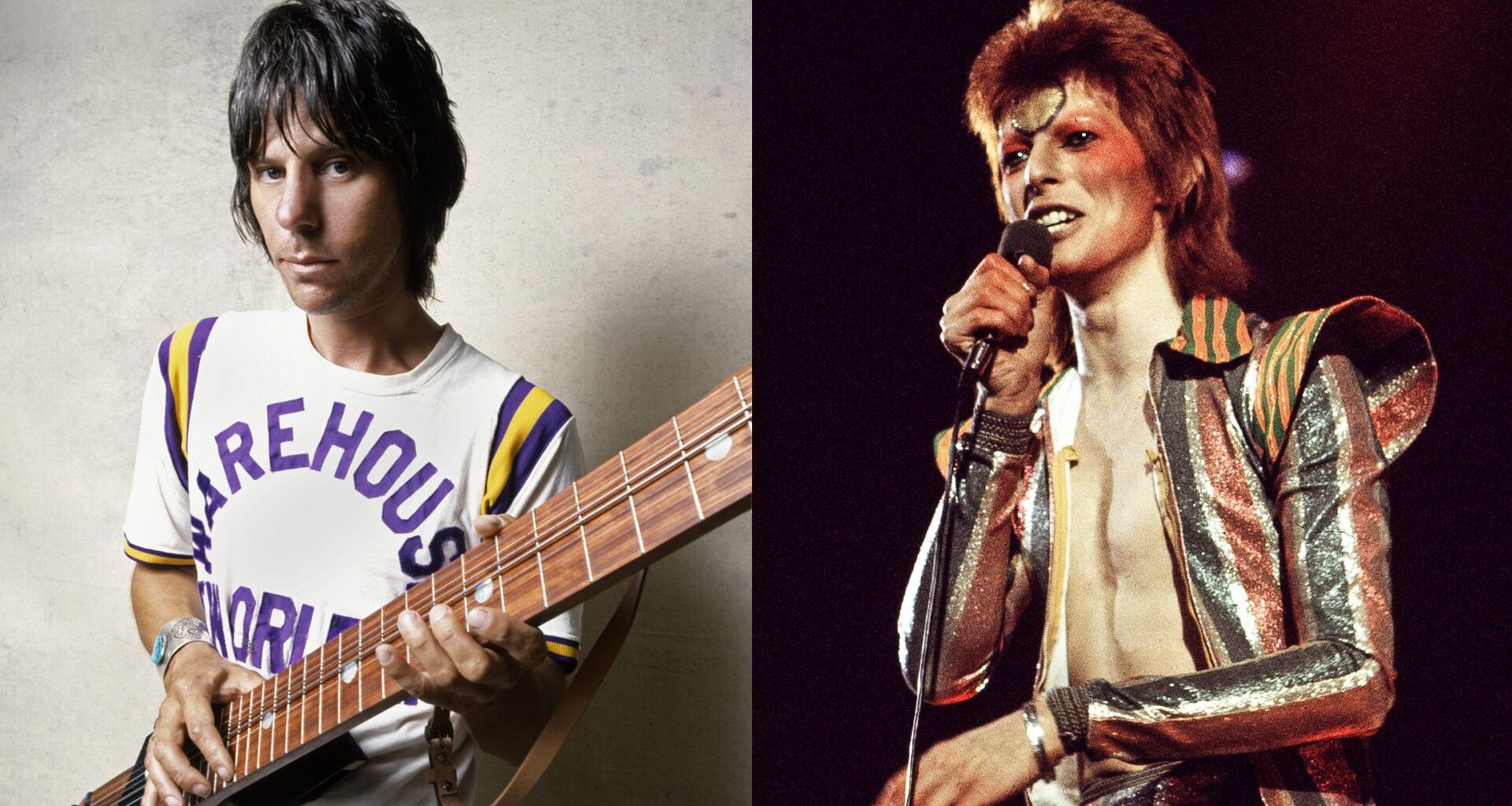 LEFT: Guitar master Jeff Beck poses with a Chapman Stick in Los Angeles, California in 1985. RIGHT: David Bowie (1947 - 2016) performs on stage on his Ziggy Stardust/Aladdin Sane tour in London, 1973.