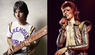 LEFT: Guitar master Jeff Beck poses with a Chapman Stick in Los Angeles, California in 1985. RIGHT: David Bowie (1947 - 2016) performs on stage on his Ziggy Stardust/Aladdin Sane tour in London, 1973.