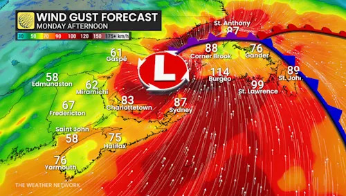 Atlantic Canada wind gusts Monday afternoon