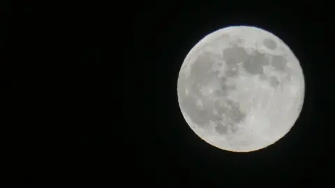 BBC Weather Watchers/Freddy A close-up image of a silvery white moon with dark patches showing crevices on a pitch dark sky