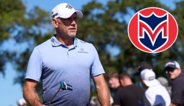 Lee Westwood walks off the green, with a Majesticks GC logo in the corner