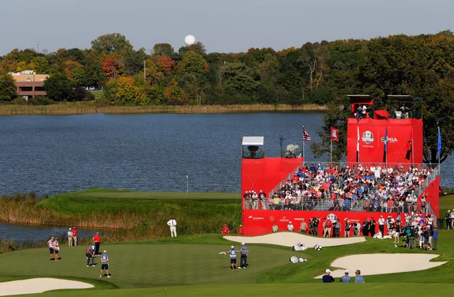 A general view of the tenth green during afternoon fourball matches of the 2016 Ryder Cup at Hazeltine National Golf Club on September 30, 2016 in Chaska, Minnesota.