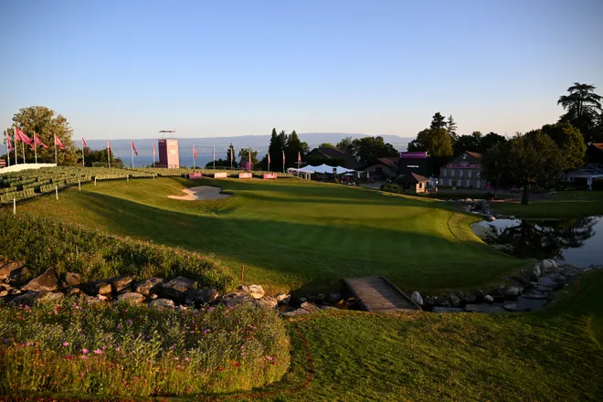A general view of the 18th hole during Round One of The Amundi Evian Championship 2025 at Evian Resort Golf Club on July 10, 2025 in Evian-les-Bains, France.