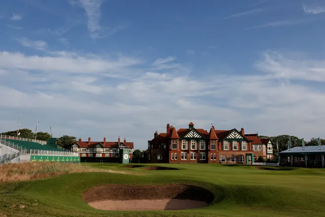 A general view of the 18th green and clubhouse during the first round of the Senior Open played at Royal Lytham & St. Annes on July 25, 2019 in Lytham St Annes, England.
