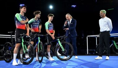 VILLENEUVE-D&amp;apos;ASCQ, FRANCE - DECEMBER 11: (L-R) Olav Kooij of the Netherlands, Paul Seixas of France and Matthew Riccitello of the United States during the presentation of the Team Decathlon &amp;amp; CMA CGM 2026 on December 11, 2025 in Villeneuve-d&amp;apos;Ascq, France. (Photo by Luc Claessen/Getty Images)