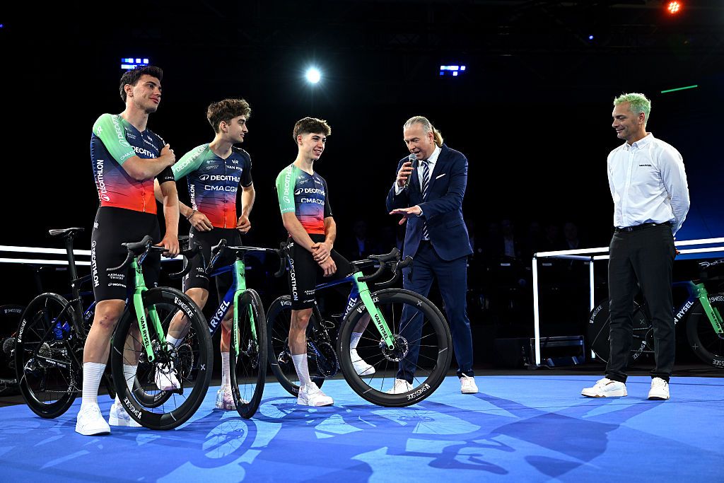 VILLENEUVE-D&amp;apos;ASCQ, FRANCE - DECEMBER 11: (L-R) Olav Kooij of the Netherlands, Paul Seixas of France and Matthew Riccitello of the United States during the presentation of the Team Decathlon &amp;amp; CMA CGM 2026 on December 11, 2025 in Villeneuve-d&amp;apos;Ascq, France. (Photo by Luc Claessen/Getty Images)