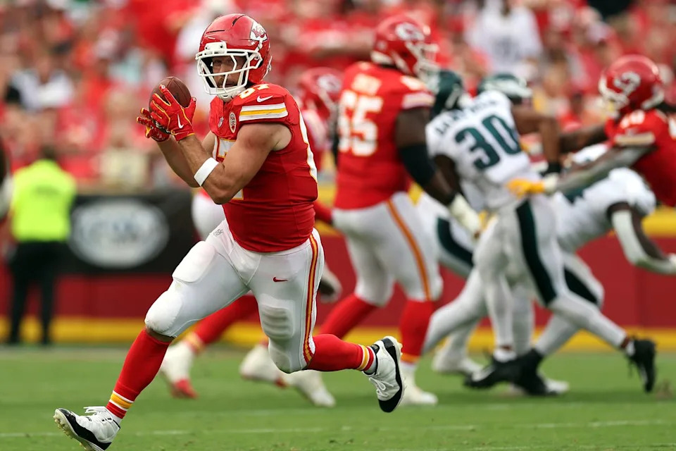 Jamie Squire/Getty Travis Kelce of the Kansas City Chiefs during a game on Sept. 14, 2025, in Kansas City, Mo.