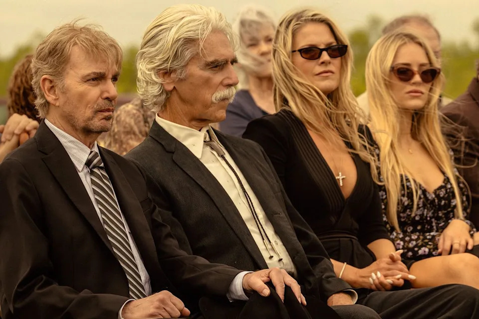 Emerson Miller/Paramount+ Billy Bob Thornton as Tommy, Sam Elliott as T.L., Ali Larter as Angela, Michelle Randolph as Ainsley in 'Landman'