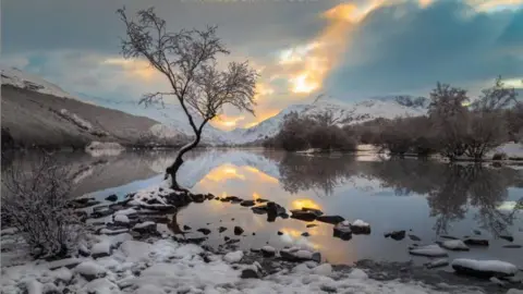 @marclockphotography The lonely tree, protruding from a lake with snow around it. There are snowy mountains in the background and the sun is setting, with patches of orange sunlight poking through the cloud. The clouds and skyline is reflecting in the still water. 