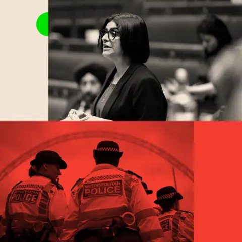 BBC Montage image showing Shabana Mahmood making a statement to MPs in the House of Commons and Metropolitan Police officers on duty near Wembley Stadium (copyright PA/Getty)
