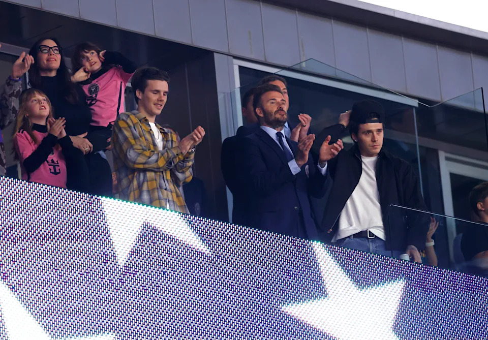 Liv Tyler, Cruz Beckham, David Beckham and Brooklyn Beckham attend the soccer match between Inter Miami against the Los Angeles Galaxy at Dignity Health Sports Park on Feb. 25, 2024, in Carson, California.