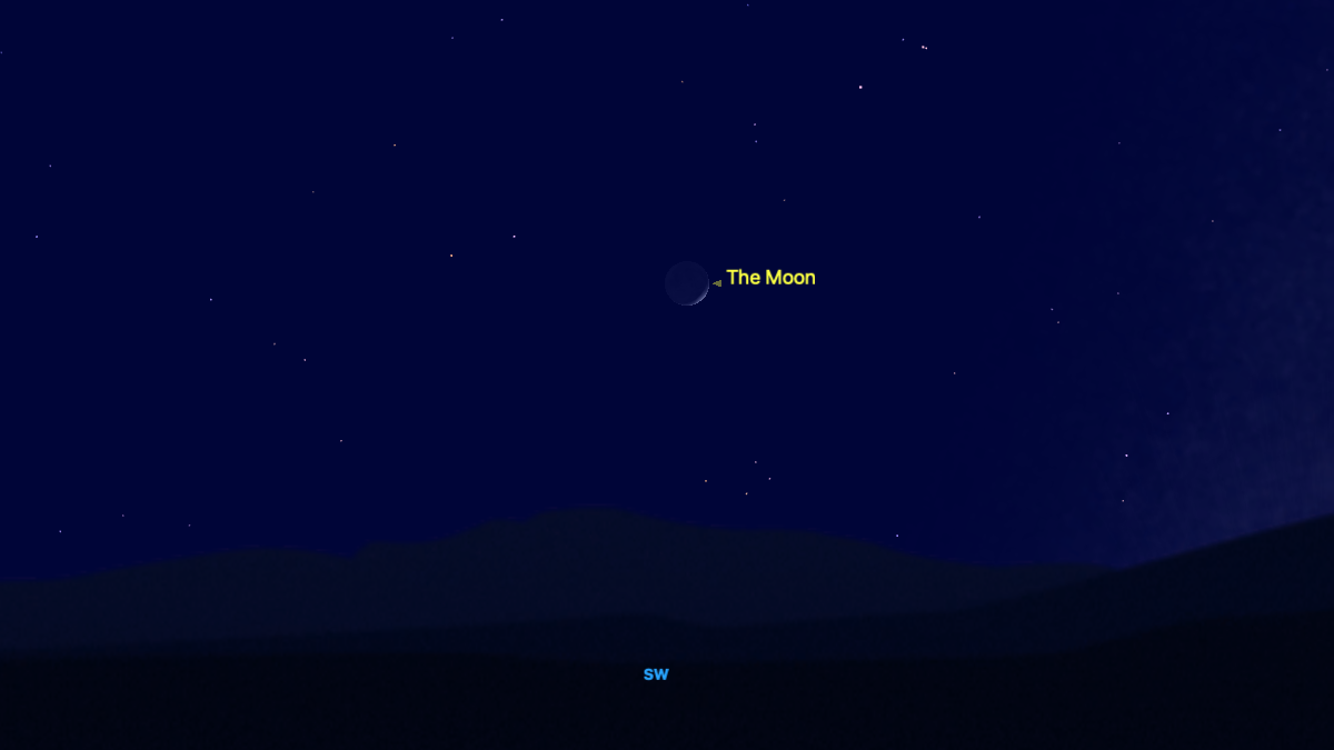 night sky map graphic showing the thin moon above the horizon.