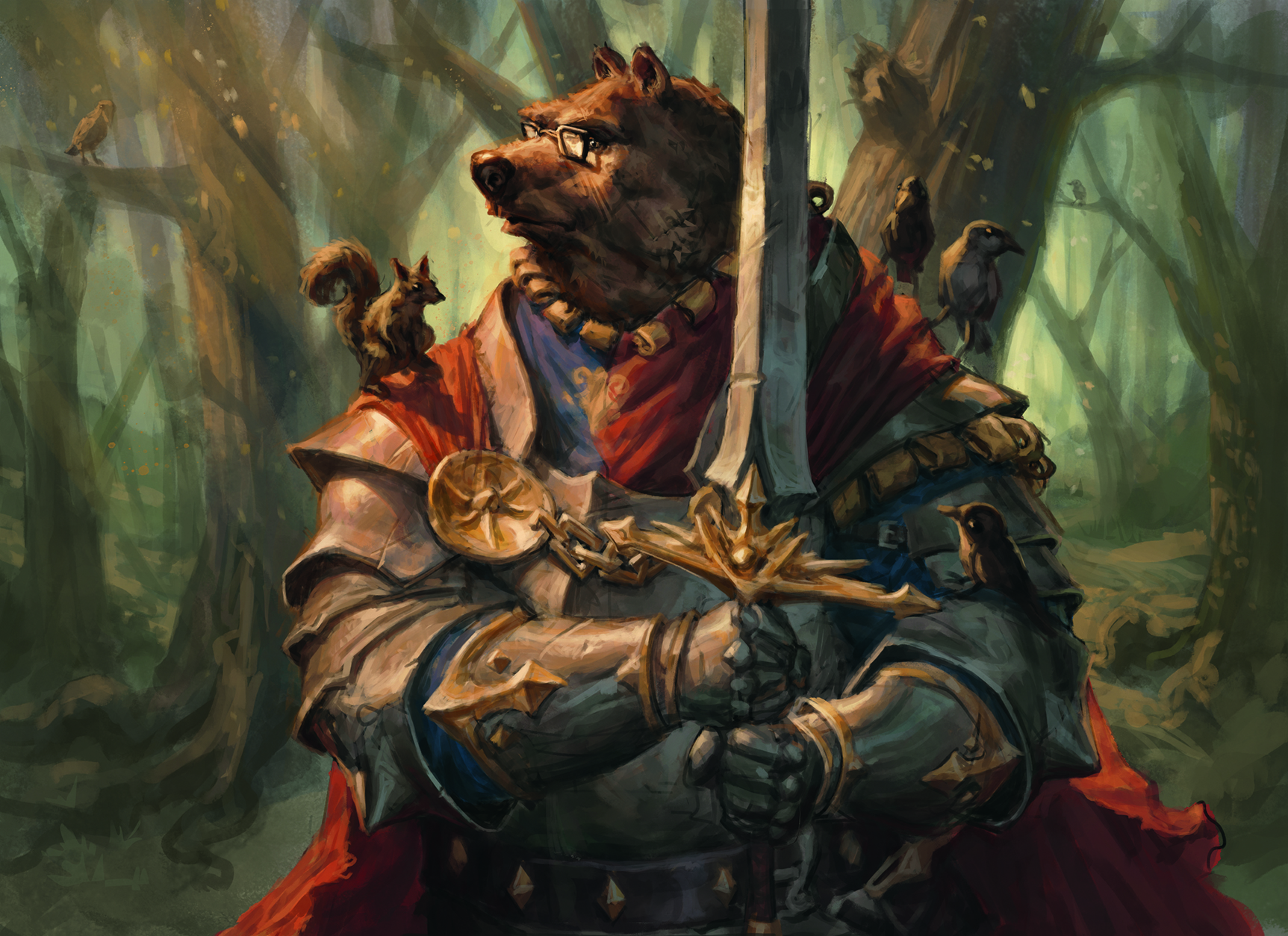 Digital art in a painterly style showing a fantasy character design of a bear wearing armour and holding a sword