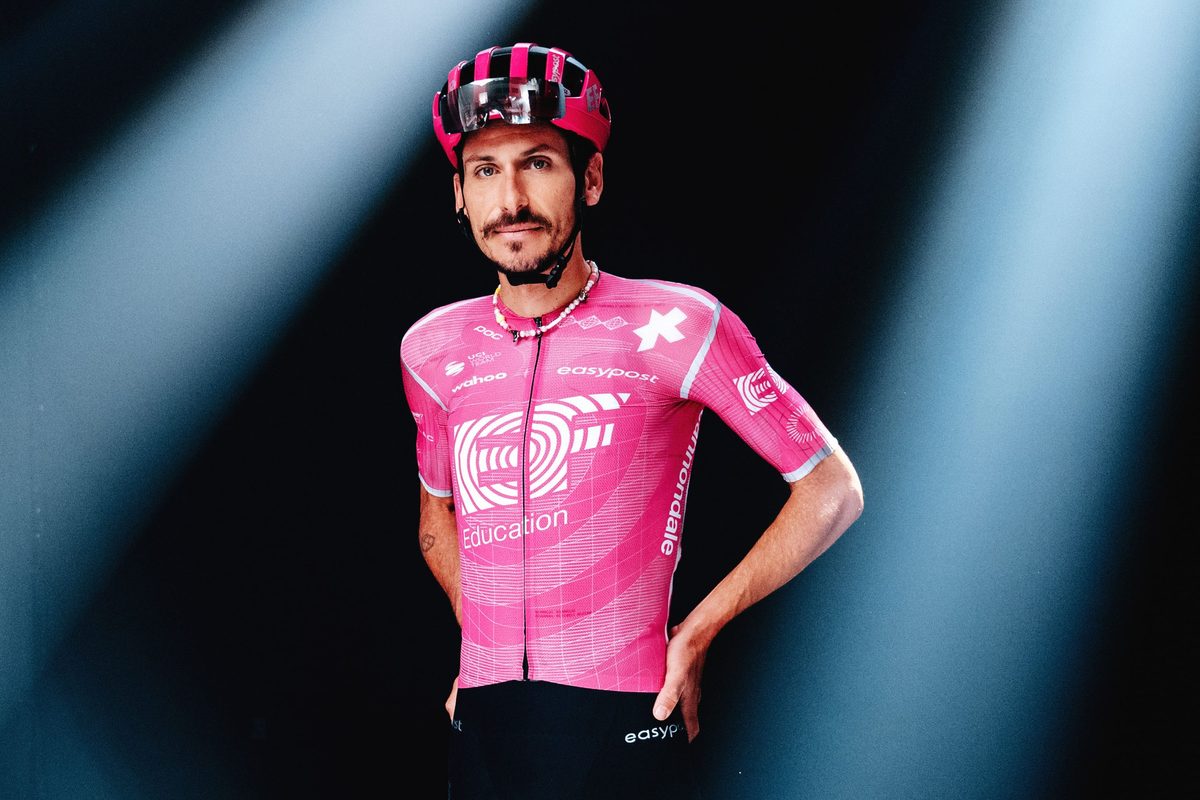 Lachlan Morton modelling the 2026 Assos / EF Pro Cycling team kit