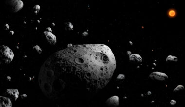 Fast-spinning asteroid: Rocky asteroid in a field of other asteroids. Sun and Jupiter in background.