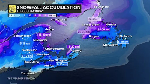 Atlantic Canada snowfall outlook through Monday