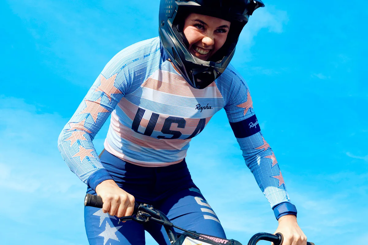 BMX racer Ava Corley wearing Rapha USA Kit