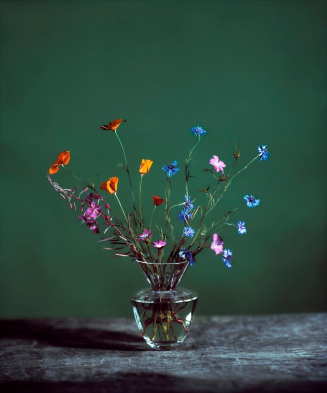A small glass vase containing a colorful arrangement of wildflowers, including orange, pink, and blue blooms, sits on a dark textured surface against a deep green background.