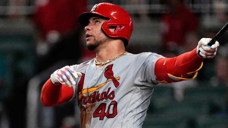 St. Louis Cardinals' Willson Contreras (40) watches his solo home run in the seventh inning of a baseball game against the Atlanta Braves Sept. 6, 2023, in Atlanta.
