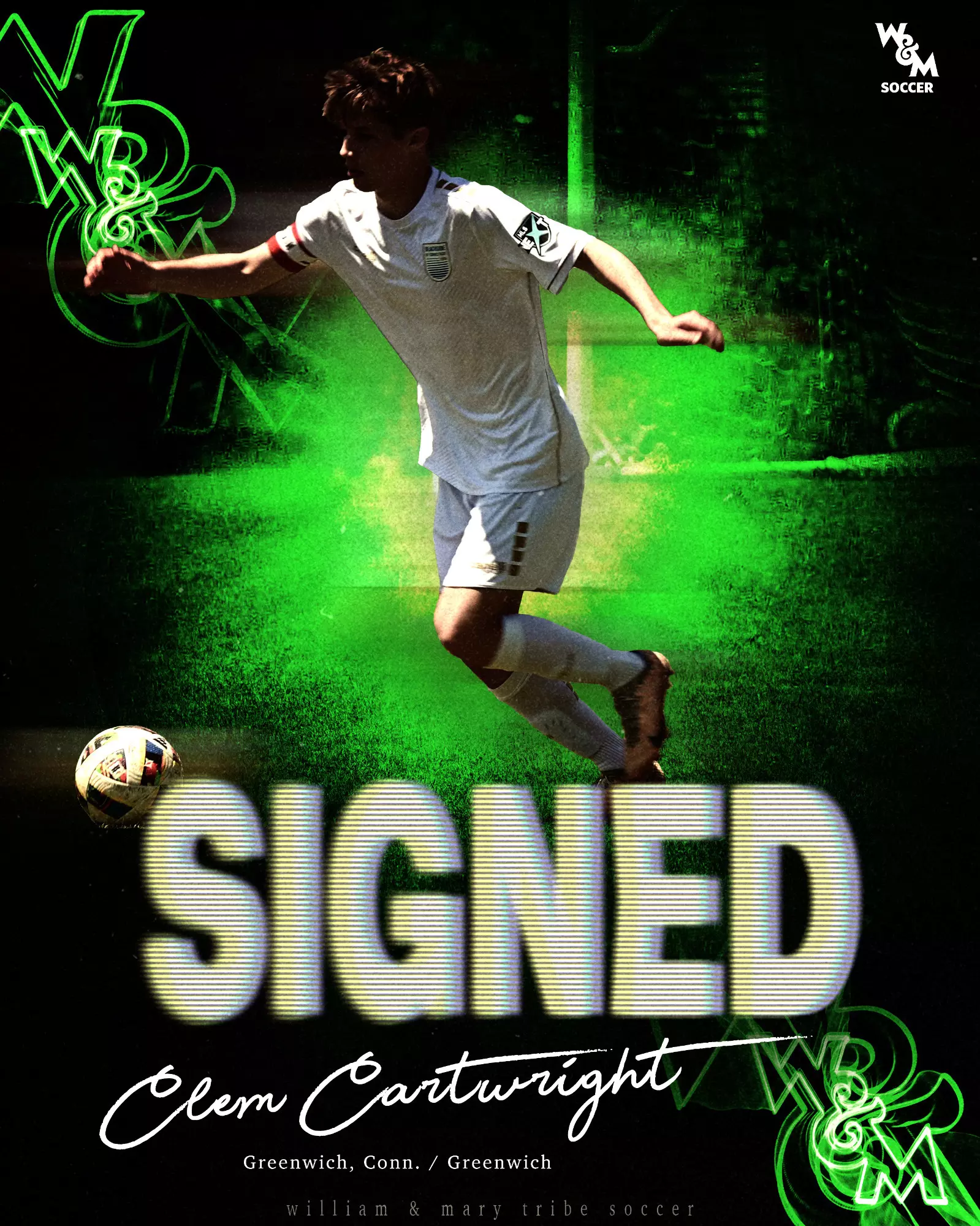 Clem Cartwright dribbles a soccer ball in a white jersey cut out against a black and neon green background signed to Tribe Men's Soccer.