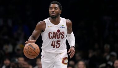 Cleveland Cavaliers' Donovan Mitchell (45) looks to pass during the first half of an NBA basketball game against the Brooklyn Nets Friday, Oct. 24, 2025, at Barclays Center in New York. (AP Photo/Frank Franklin II)