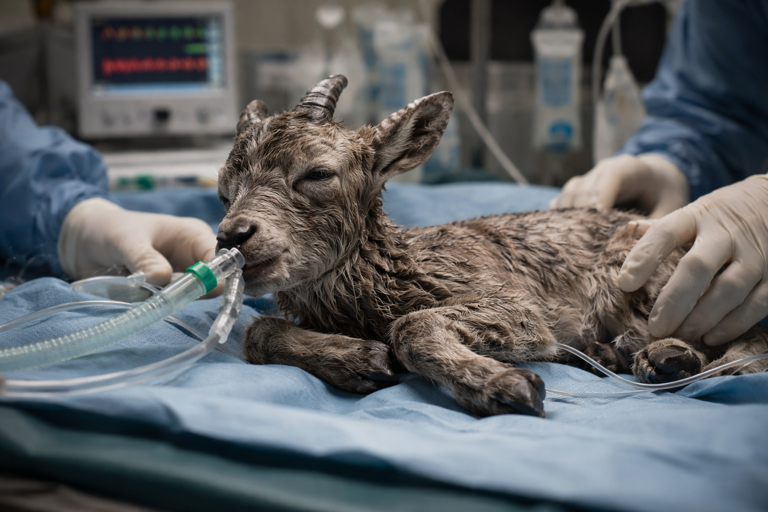 A newborn cub of an extinct wild species receives veterinary care in a laboratory during a scientific cloning experiment conducted in 2003.