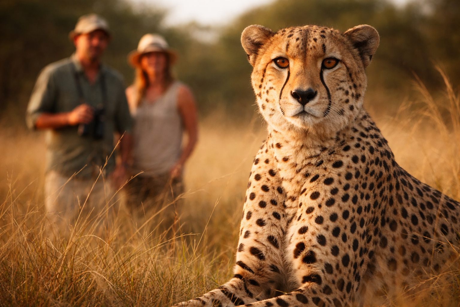 Cheetah in its natural habitat observes humans from a distance, illustrating cautious behavior and an absence of recorded attacks.
