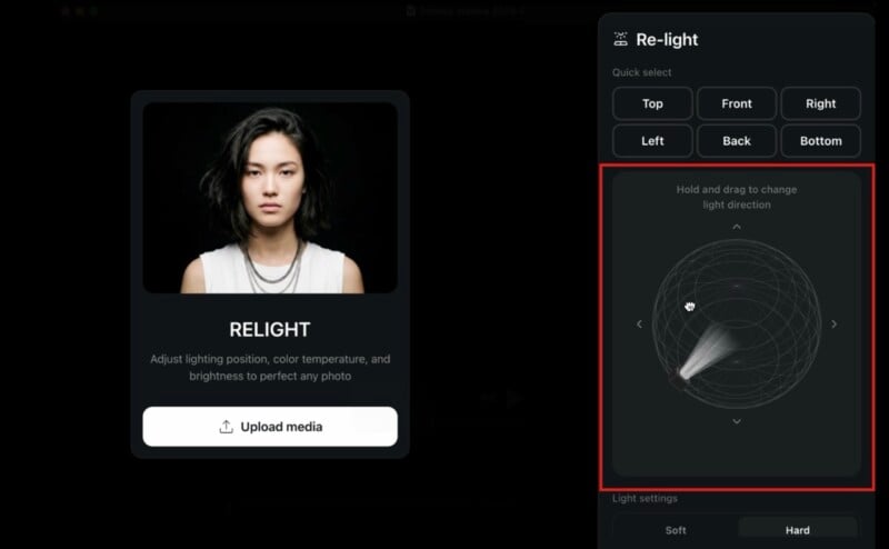 A photo editing interface shows a portrait of a woman labeled "RELIGHT" with an option to upload media. On the right, a relighting tool allows adjustment of light direction using a virtual sphere.