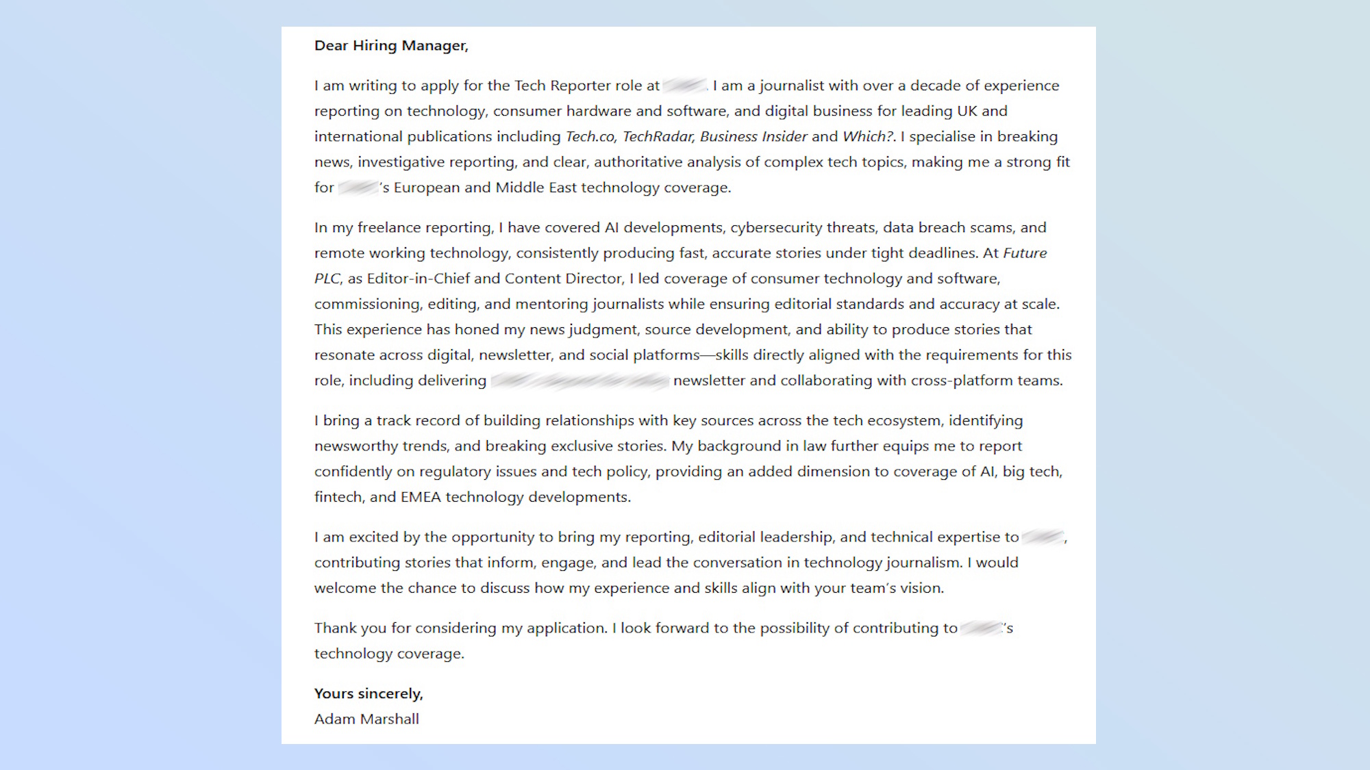 A sample cover letter for Adam Marshall as generated by ChatGPT.