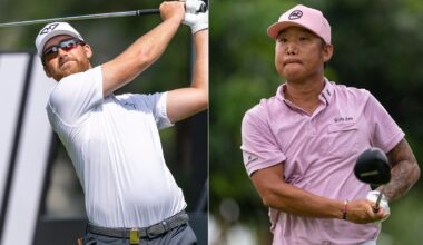 Andy Ogletree hits a tee shot, with Anthony Kim hitting a driver