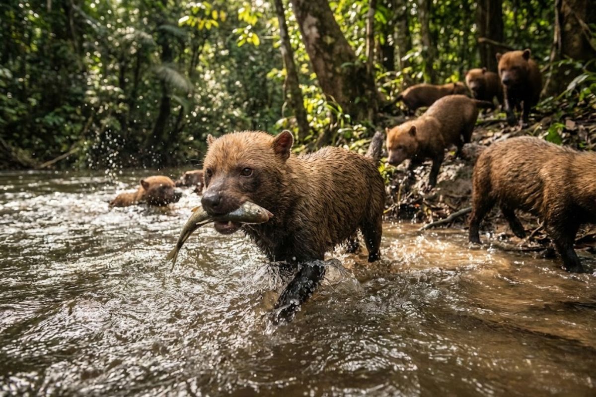 The semi-aquatic fossil bush dog from Latin America lives in packs, swims and hunts in the water, and intrigues scientists.