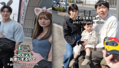 Two photos side by side: Left, a man and woman with animal ear headbands stand outside as a hand offers a yellow camera. Right, a family with a young boy sits on a bench, listening to the person holding the camera.