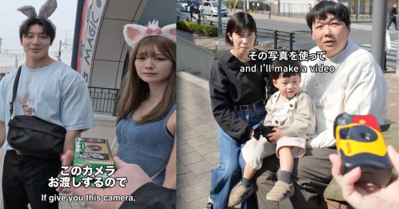 Two photos side by side: Left, a man and woman with animal ear headbands stand outside as a hand offers a yellow camera. Right, a family with a young boy sits on a bench, listening to the person holding the camera.