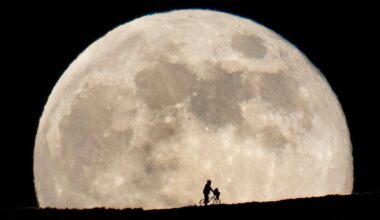 A person on a bicycle with a child silhouetted against a large, bright full moon in the night sky.