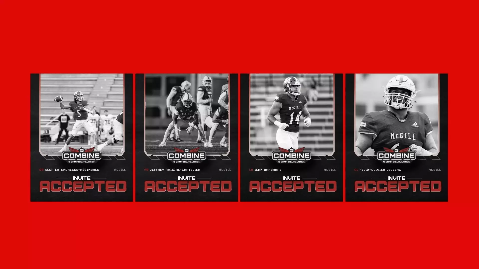 McGill football's 2026 CFL Combine invites (L to R): QB Eloa Latendresse-Regimbald, RB Jeffrey Amisial-Chatelier, LB Ilan Barbaras and OL Felix-Olivier Leclerc