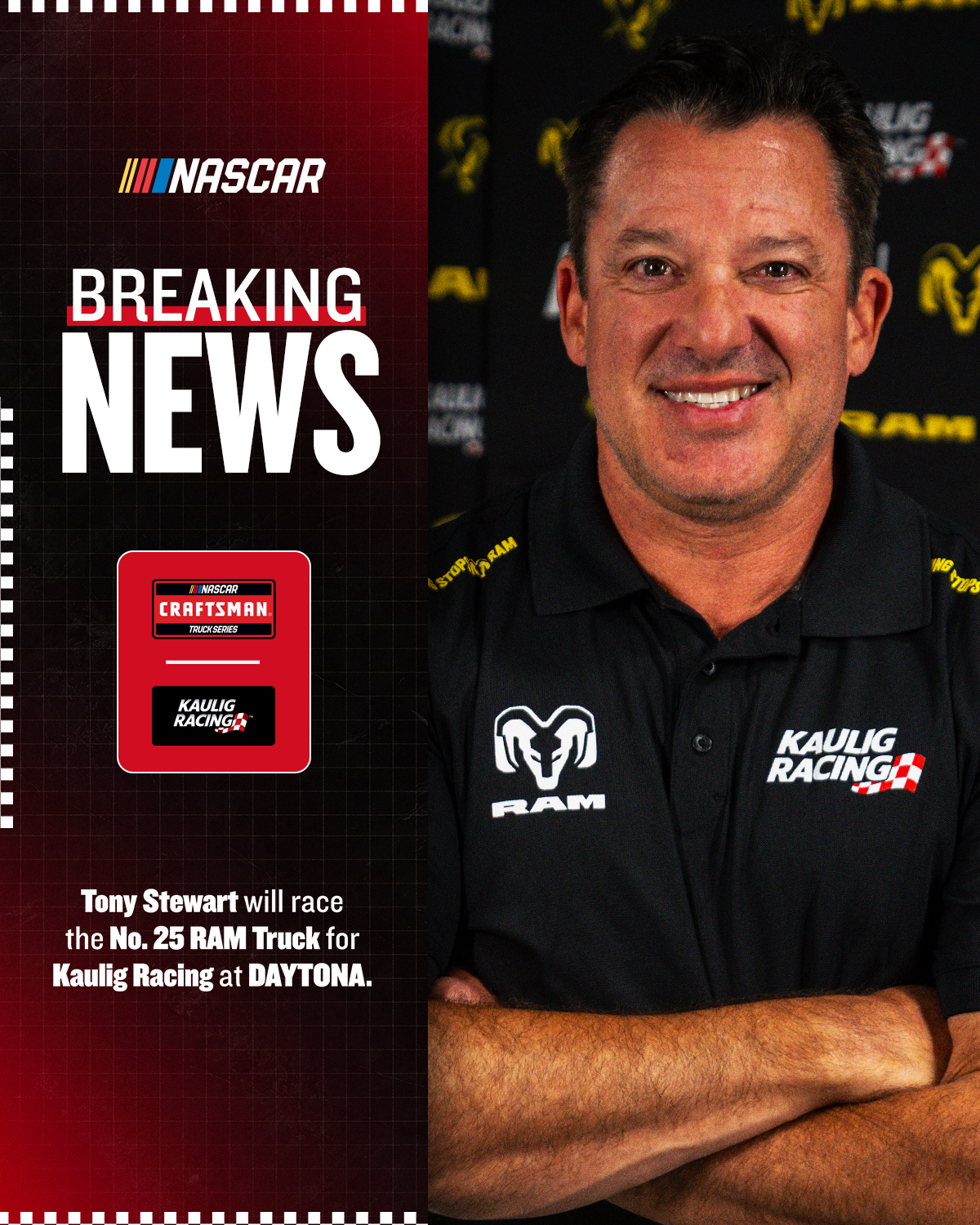 Breaking news graphic for Tony Stewart in the Kaulig No. 25 truck at DAYTONA.