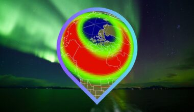 a map showing the extent of the possible aurora view line across the us, showing 15 states at least in part inside the aurora view line. the background image is a sweeping green northern lights show.