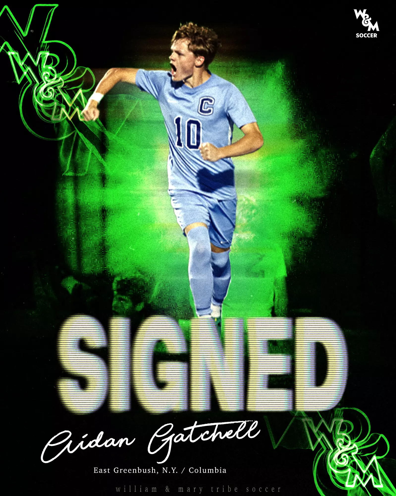 Aidan Gatchell pumping his fist and jumping cut out against a black and neon green background signed to Tribe Men's Soccer.