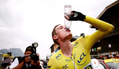 COMBLOUX, FRANCE - JULY 18: Stage winner Jonas Vingegaard of Denmark and Team Jumbo-Visma - Yellow Leader Jersey reacts after the stage sixteen of the 110th Tour de France 2023 a 22.4km individual climbing time trial stage from Passy to Combloux 974m / #UCIWT / on July 18, 2023 in Combloux, France. (Photo by Anne-Christine Poujoulat - Pool/Getty Images)