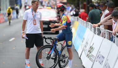 ADELAIDE, AUSTRALIA - JANUARY 26: (L-R) Adam Hansen of Australia president of the CPA Cycling and Jacopo Mosca of Italy and Team Lidl - Trek prior to the 25th Santos Tour Down Under 2025, Stage 6 a 90km stage from Adelaide to Adelaide / #UCIWT / on January 26, 2025 in Adelaide, Australia. (Photo by Dario Belingheri/Getty Images)