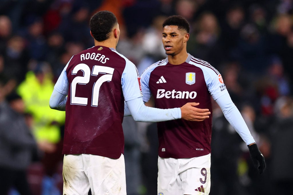 Marcus Rashford congratulates Morgan Rogers following the FA Cup fourth-round match between Aston Villa and Tottenham Hotspur at Villa Park in 2025 in Birmingham, England.