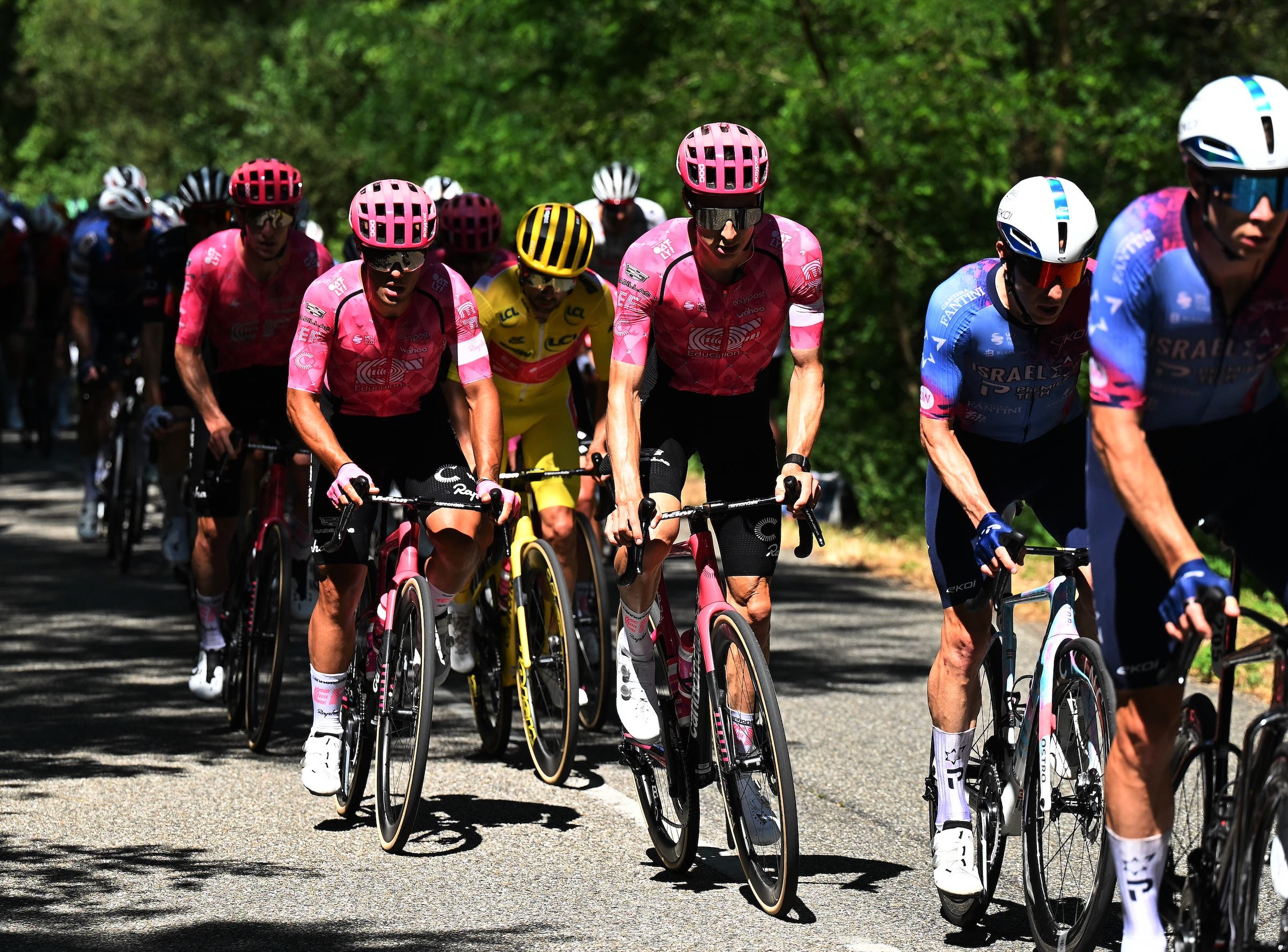 (L-R) Vincenzo Albanese of Italy, Ben Healy of Ireland - Yellow Leader Jersey and Neilson Powless of The United States and Team EF Education - EasyPost compete during the 112th Tour de France 2025, Stage 11 a 156.8km stage from Toulouse to Toulouse / #UCIWT / on July 16, 2025 in Toulouse, France. (Photo: Tim de Waele/Getty Images)