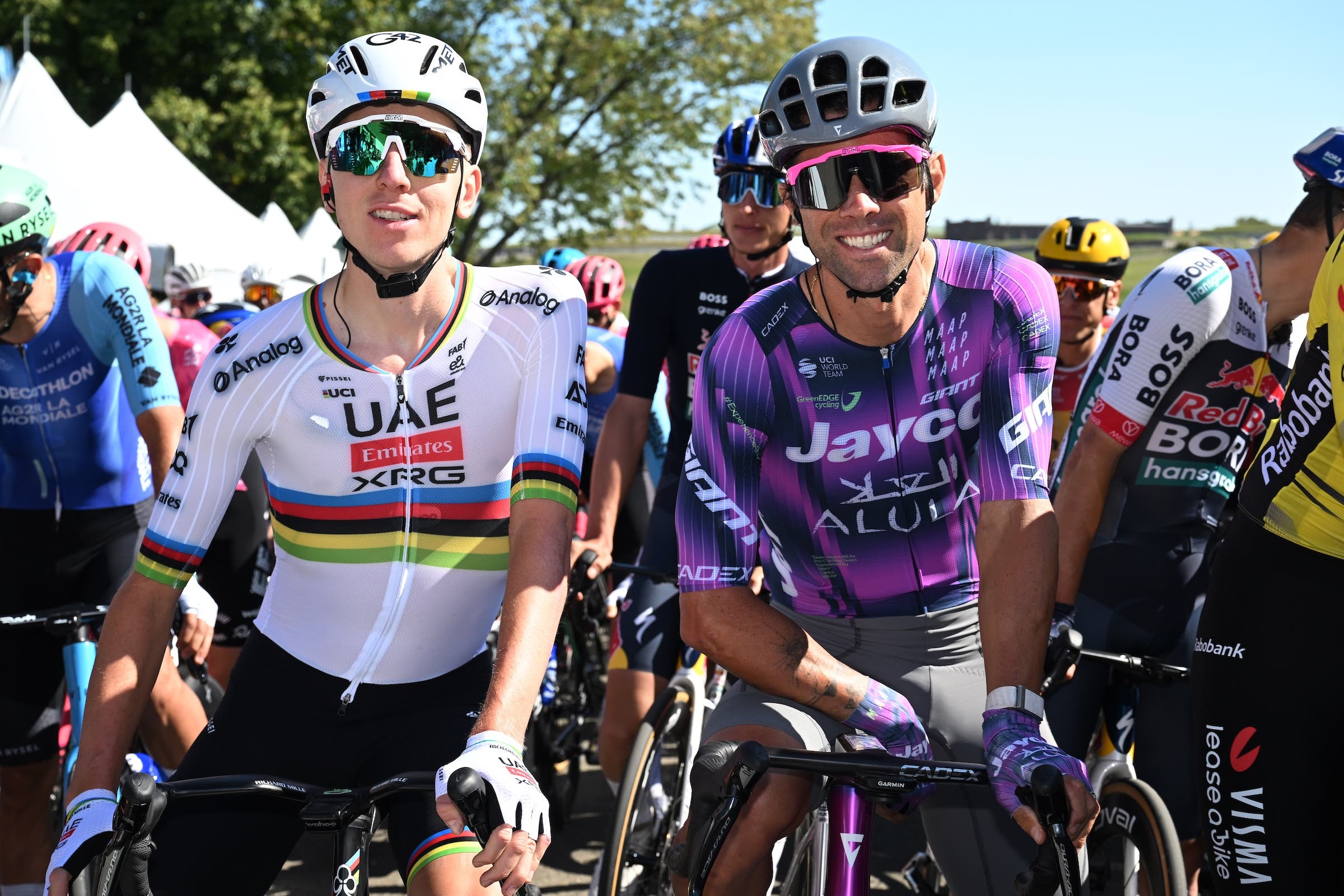 Tadej Pogačar (UAE Team Emirates - XRG) and Michael Matthews (Team Jayco AlUla) prior to the 2025 Grand Prix Cycliste de Quebec (Photo: Szymon Gruchalski/Getty Images)