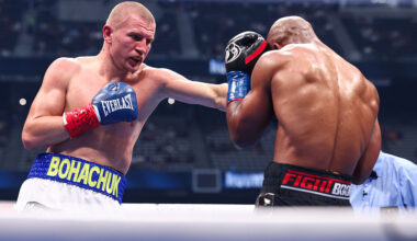 LAS VEGAS, NEVADA - SEPTEMBER 13: Serhii Bohachuk punches Brandon Adams in a middleweight bout on the undercard of the Canelo v Crawford event at Allegiant Stadium on September 13, 2025 in Las Vegas, Nevada. (Photo by Ed Mulholland/TKO Worldwide LLC via Getty Images)