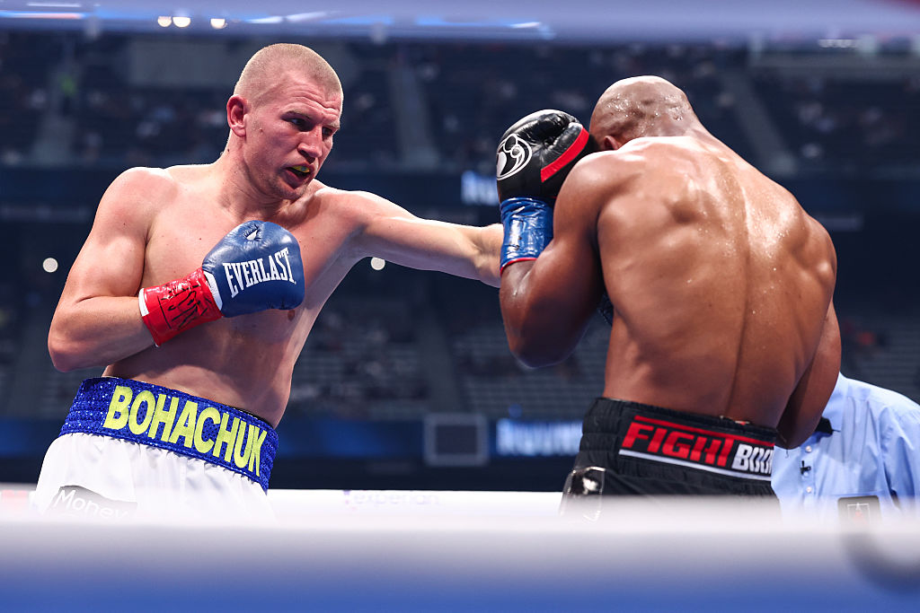 LAS VEGAS, NEVADA - SEPTEMBER 13: Serhii Bohachuk punches Brandon Adams in a middleweight bout on the undercard of the Canelo v Crawford event at Allegiant Stadium on September 13, 2025 in Las Vegas, Nevada. (Photo by Ed Mulholland/TKO Worldwide LLC via Getty Images)