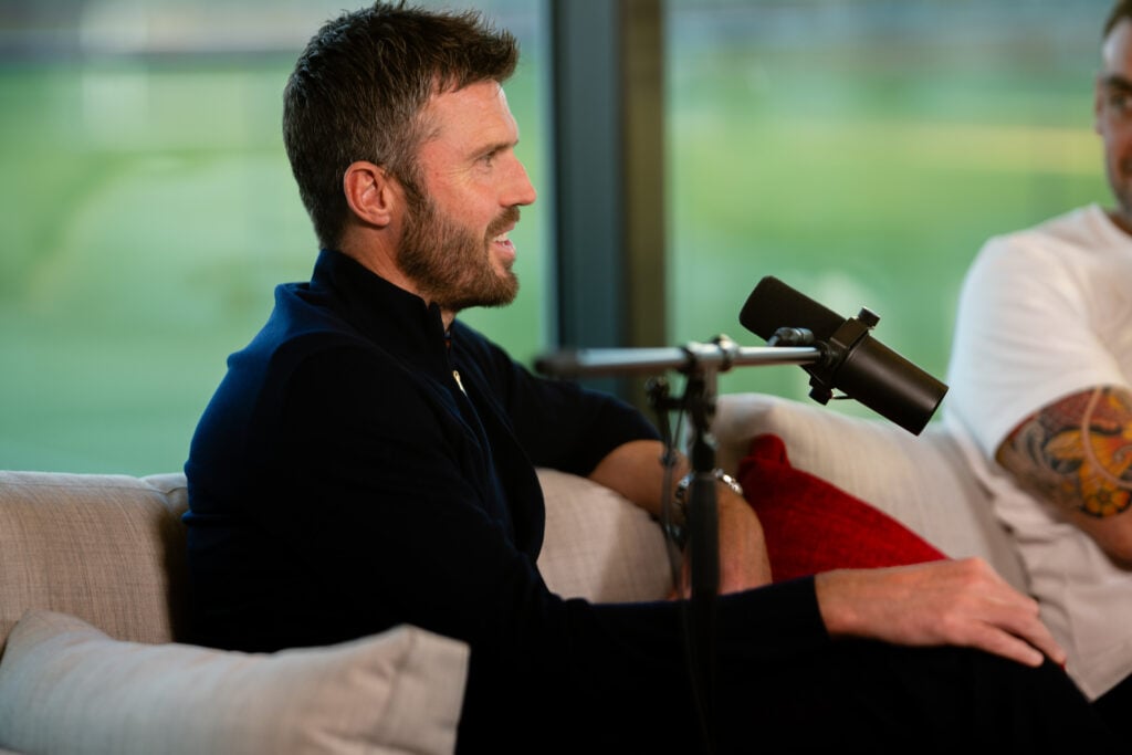 Manchester United interim head coach Michael Carrick records a podcast at the Carrington training complex in 2026 in Manchester, England.