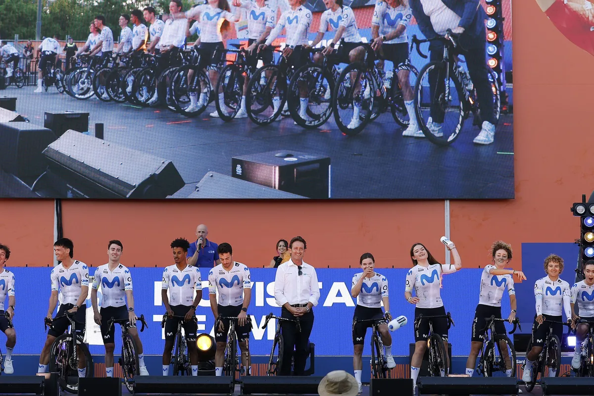 ADELAIDE, AUSTRALIA - JANUARY 16: A general view of Jefferson Alveiro Cepeda of Ecuador, Manlio Moro of Italy, Pavel Novak of Czech Republic, Javier Romo of Spain, Gonzalo Serrano of Spain, Natnael Tesfatsion of Eritrea, Albert Torres of Spain, Olivia Baril of Canada, Carys Lloyd of Great Britain, Floortje Mackaij of Netherlands, Paula Ostiz of Spain, Lucia Ruiz Perez of Spain, Claire Steels of Great Britain and Team Movistar during the 26th Santos Tour Down Under 2026, Team Presentation on January 16, 2026 in Adelaide, Australia. (Photo by Con Chronis/Getty Images)