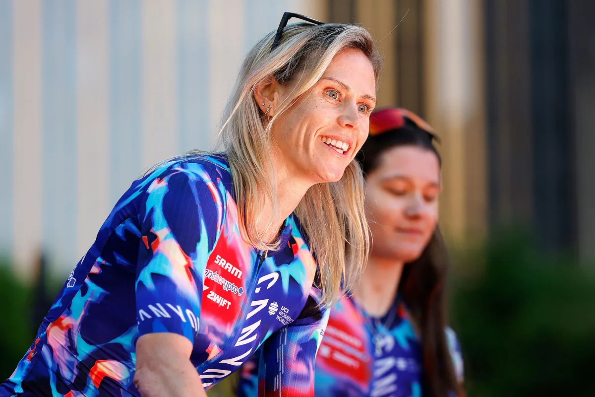 ADELAIDE, AUSTRALIA - JANUARY 16: Tiffany Cromwell of Australia and Team CANYON//SRAM Zondacrypto during the 26th Santos Tour Down Under 2026, Team Presentation on January 16, 2026 in Adelaide, Australia. (Photo by Con Chronis/Getty Images)